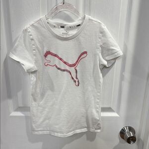 White Puma Tee with Pink Logo and Crew Neck